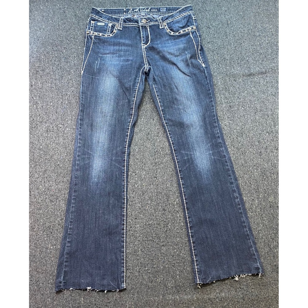 LA Idol USA Bootcut Jeans Sz 13 Womens Blue McBling Rhinestone Studded Raw Hem